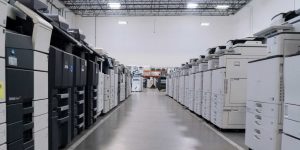 row of used copiers at our warehouse